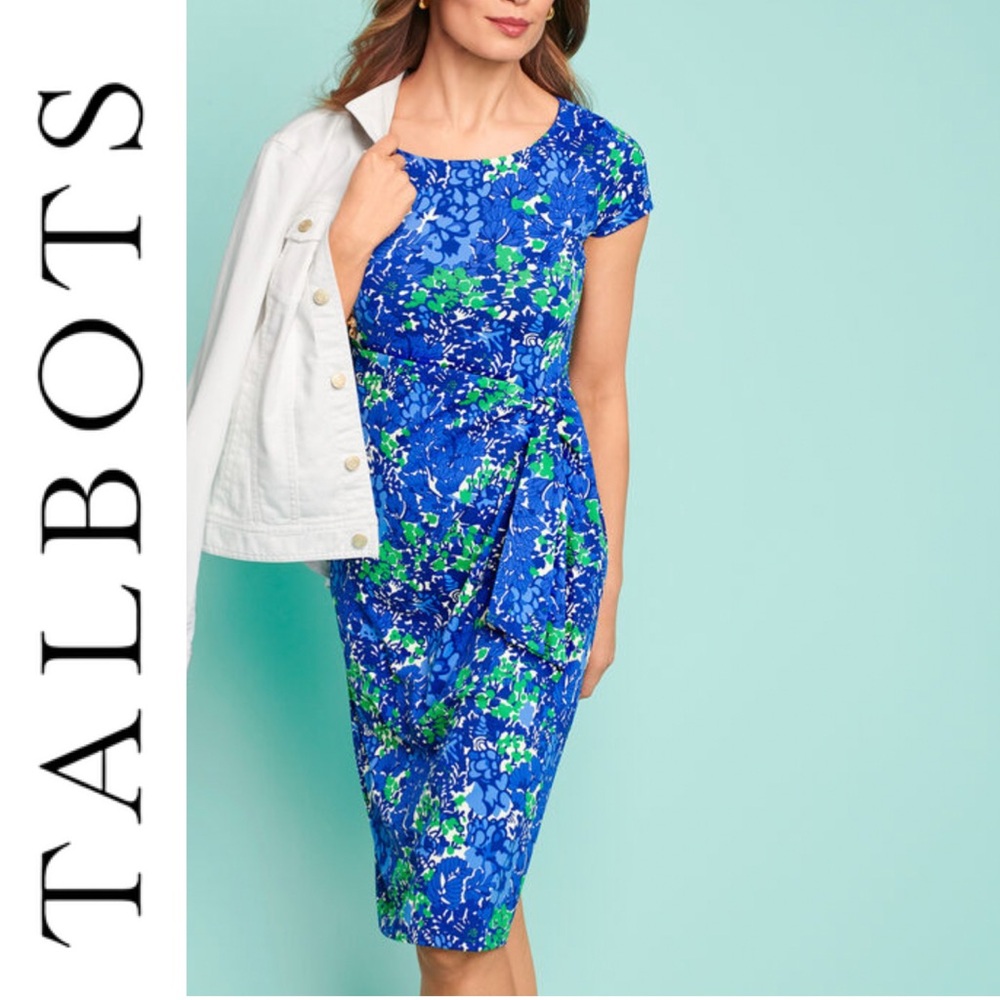 TALBOTS JERSEY TIE FRONT SHEATH MIDI DRESS-SPRING GARDEN CAP SLEEVES Sz 1Xp